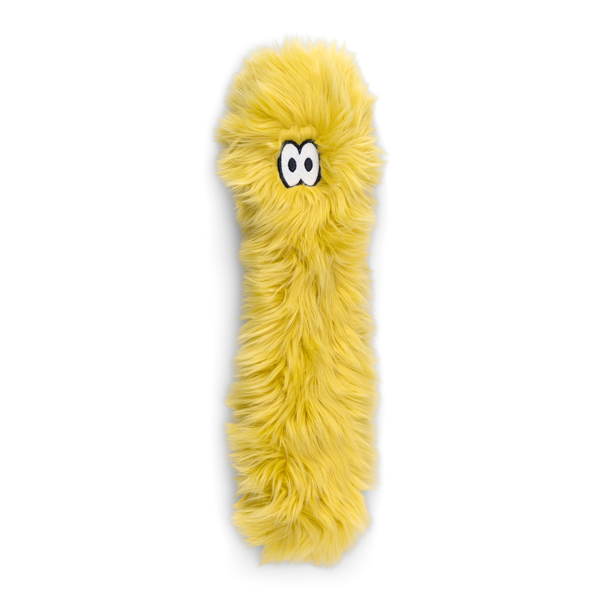 West Paw Rowdies Ivar yellow shaggy plush dog toy with long narrow body and cartoon eyes.