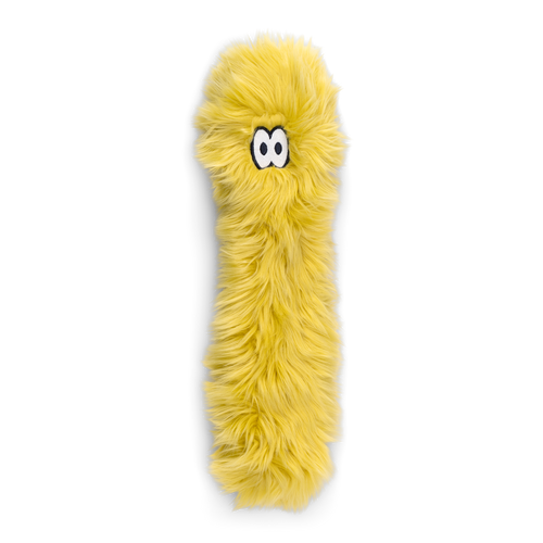 West Paw Rowdies Ivar yellow shaggy plush dog toy with long narrow body and cartoon eyes.