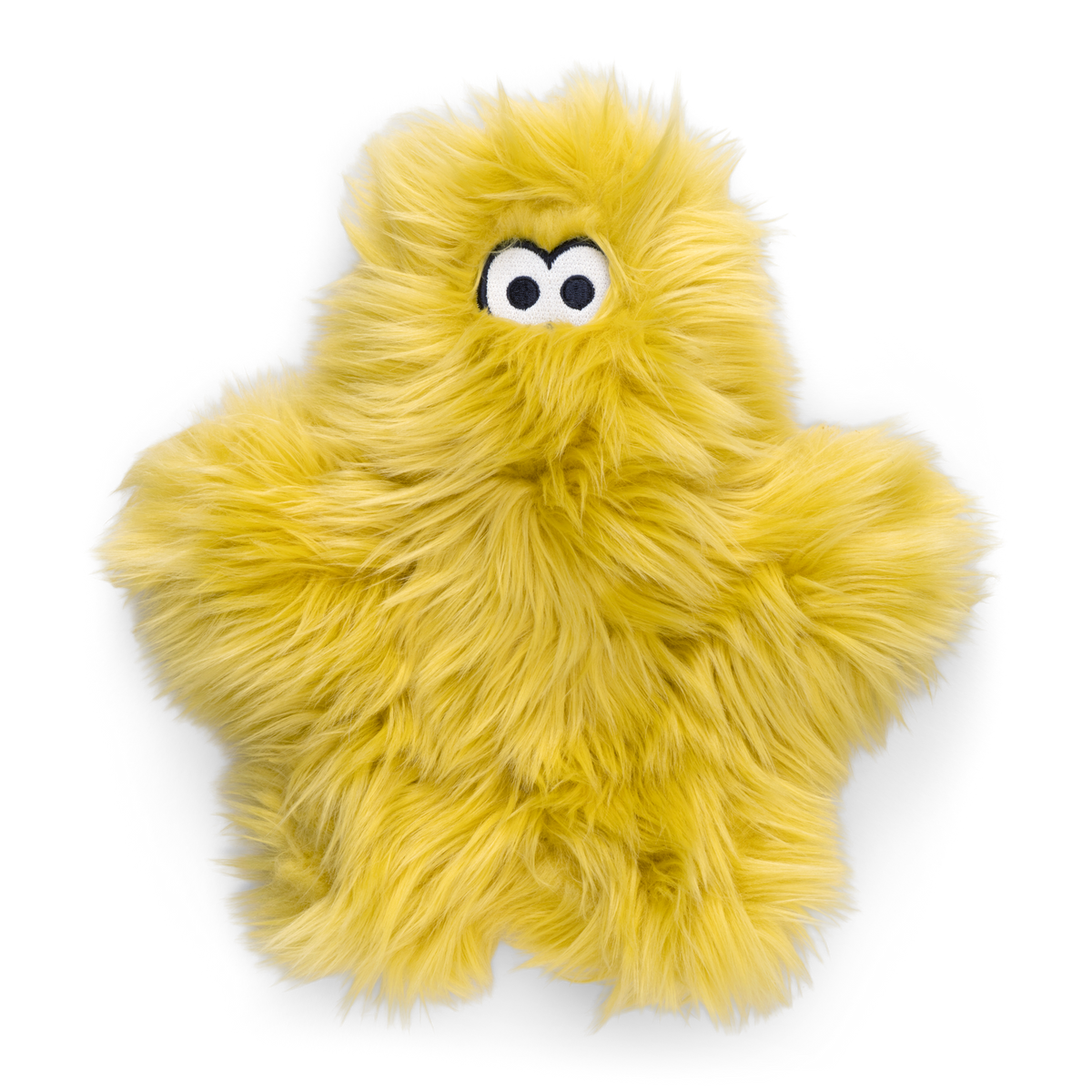 West Paw Rowdies Leif yellow shaggy plush dog toy with fluffy outstretched arms and cartoon eyes.