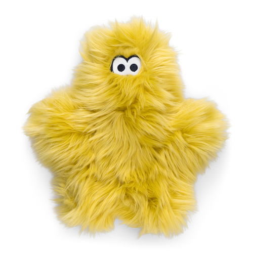 West Paw Rowdies Leif yellow shaggy plush dog toy with fluffy outstretched arms and cartoon eyes.