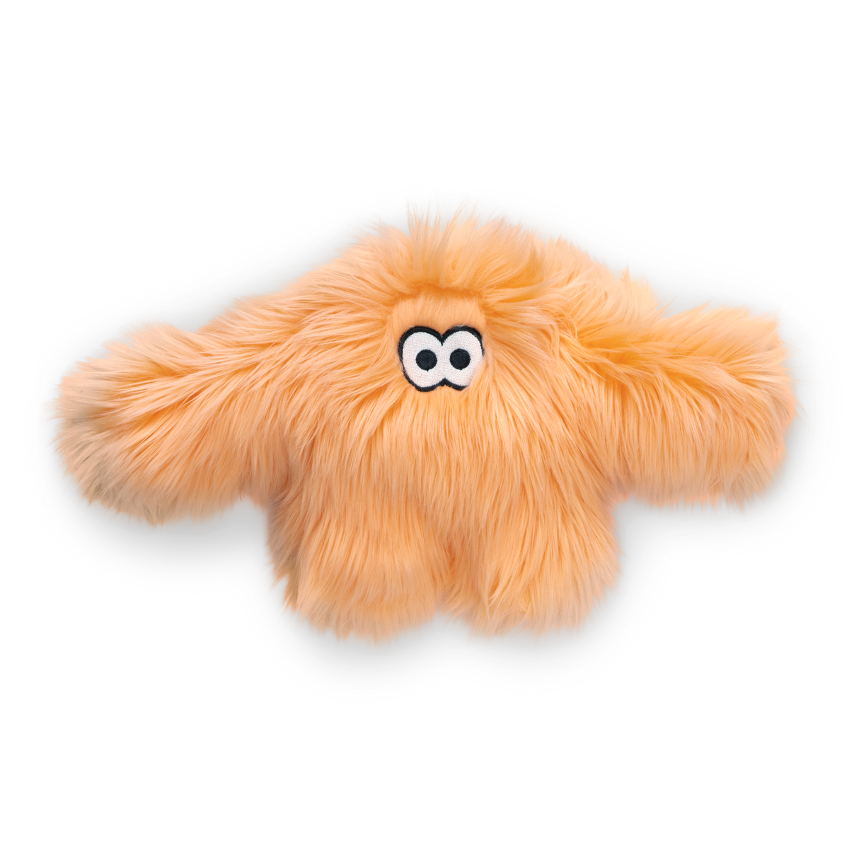 West Paw Rowdies Signe orange shaggy plush dog toy with outstretched arms and cartoon eyes.